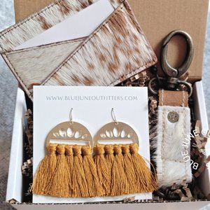 Western Boho Gift Set | Fringe Earrings, Hair On Leather Keychain & Card Holder